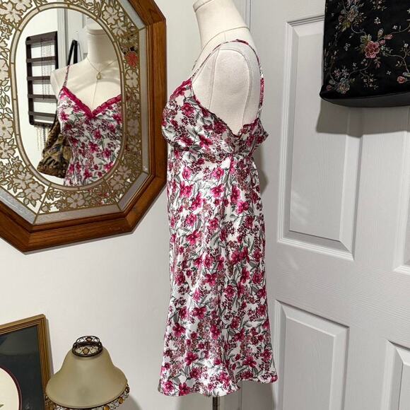 Y2K Adonna White & Pink Whimsy Floral Satin Ruffle Trim Mini Lingerie Slip Dress - Picture 3 of 7